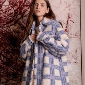 Lulus Winter Winds Blue Plaid Teddy Shearling Jacket Small